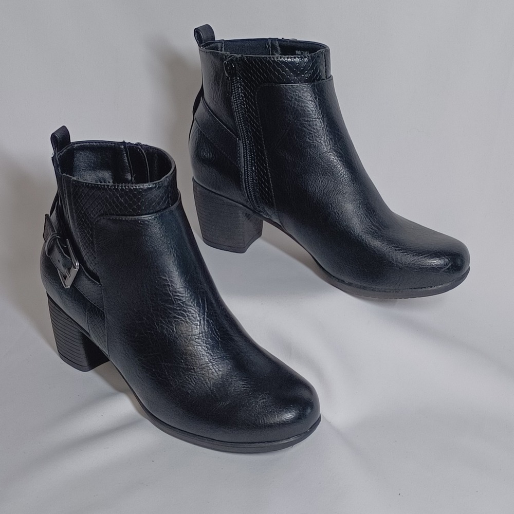 Ankle Boots Womens 7.5W Black Textile Snake Skin Buckle Block Heel Booties GILA